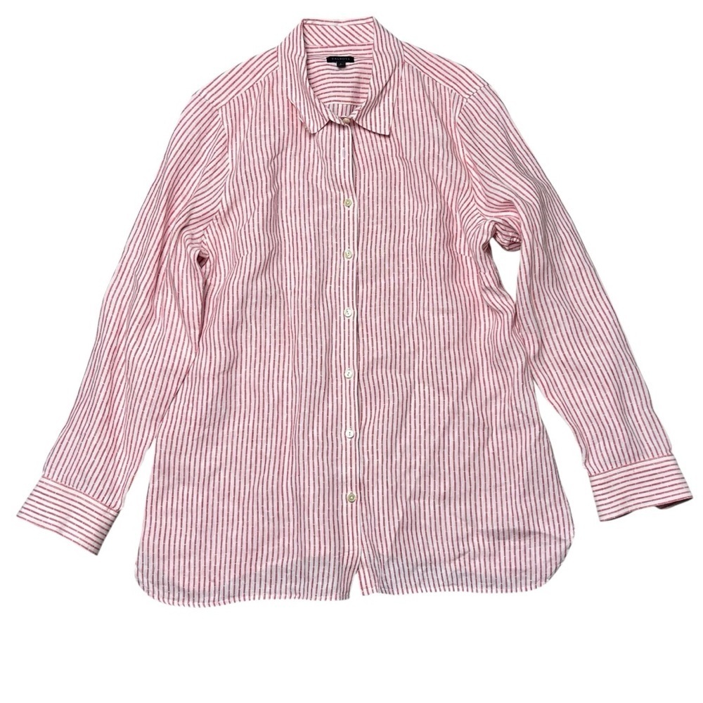 NWOT Talbots Women’s Linen Shirt Red Stripes Large Long Sleeves Classic Size L